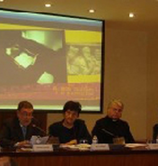 José Miguel Oriol, Eugenio Nasarre, <br>Emilia Guarnieri, y Luis Lezana <br>en la presentación del Meeting.
