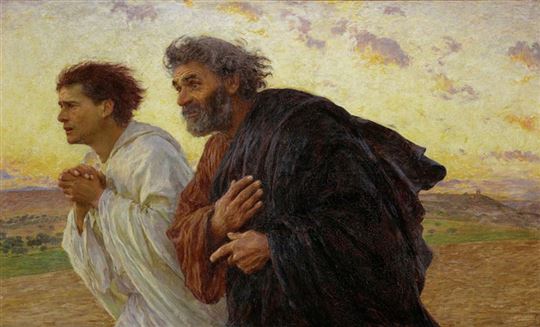 Los discípulos Juan y Pedro corren al sepulcro la mañana de Resurrección, 1898