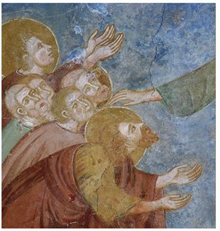 Cristo y los apóstoles. Detalle de los frescos con episodios de la Vida de Cristo. Iglesia de Santa Margarita (s.XIII,ca), Laggio di Cadore (Belluno, Italia)