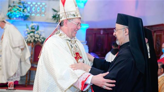 Con el patriarca copto católico Ibrahim Ishaq