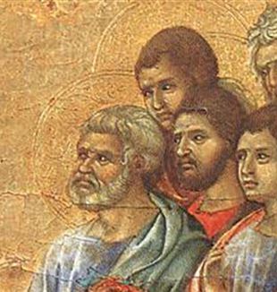 Duccio di Buoninsegna, detalle de los discípulos en "La aparición de Cristo".